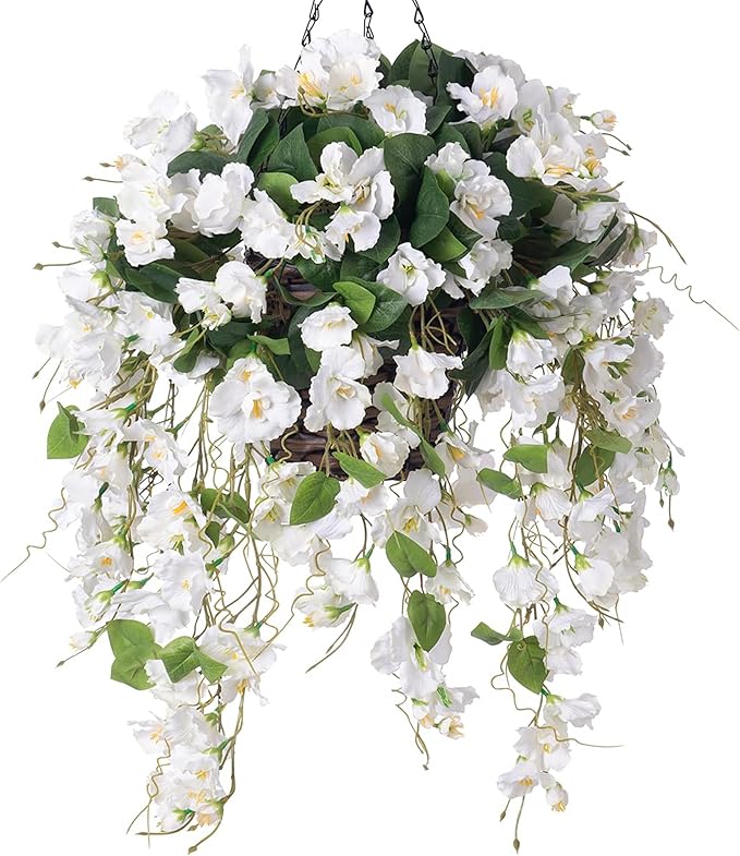 Artificial Fake Hanging Hibiscus Flowers Plants Baskets for Outdoor Decoration, Faux Silk Hibiscus Long Vines in Planter UV Resistant Realistic Flowers for Outside Porch Patio Home Decor, White
