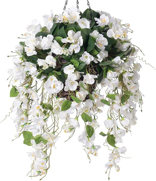 Artificial Fake Hanging Hibiscus Flowers Plants Baskets for Outdoor Decoration, Faux Silk Hibiscus Long Vines in Planter UV Resistant Realistic Flowers for Outside Porch Patio Home Decor, White