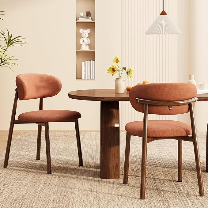 Kitchen Dining Chairs Set of 2 Modern Soft Linen Farmhouse Dining Room Chair with Metal Legs, Orange/Walnut