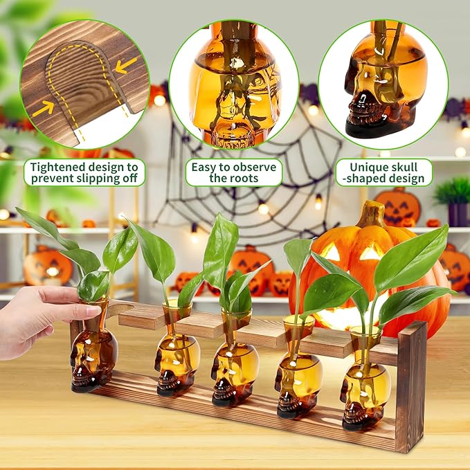 Plant Terrarium Propagation Stations Halloween Skull Planter Vase Skulls Decor with Wooden Stand Gife for Father - 5 Vases