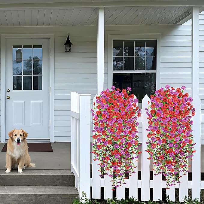 Artificial Fake Hanging Plants Flowers for Spring Outdoor Outside Decor, Faux Mums Silk Realistic Flower, 2 Pcs UV Resistant Look Real Plastic Decorations for Porch Home Patio Balcony Yard