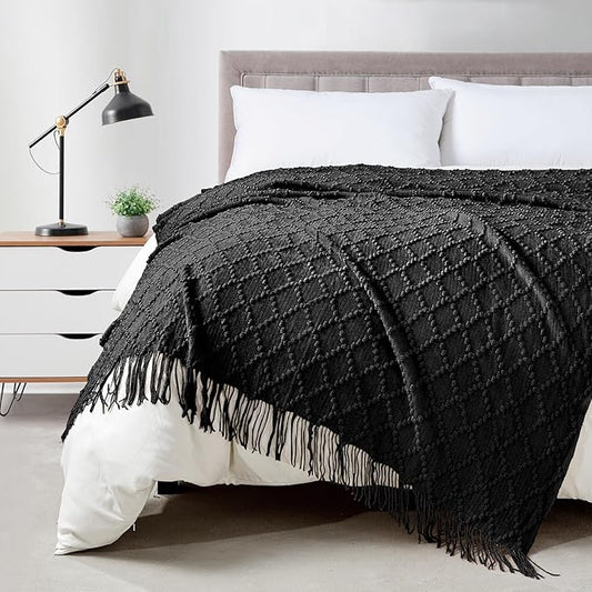 BOURINA Black Throw Blanket 50 x70 Inches Jacquard Argyle Throw Textured Solid Soft Throws and Blankets for Sofa or Bed Knitted Decorative Blanket