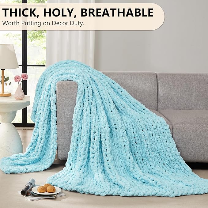 L'AGRATY Chunky Knit Throw: 80''x90'' Chenille Blanket for Bed Couch - Handmade Thick Big Cable Knit - Large Crochet Throw for Home Decor (Light Blue)