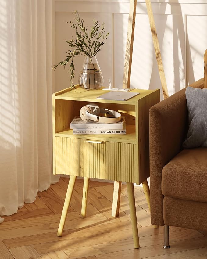Nightstand with Outlet,Modern Bedside Table with Storage Drawer and Open Wood Shelf, for Living Room, Bedroom and Small Spaces, Accent Night Stand with Solid Wood Legs, Easy Assembly,Yellow Oak