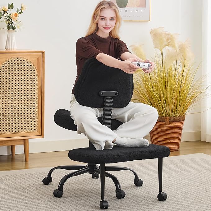 Criss Cross Legged Meditaion Chair,Exquisite Home Office Furniture,Ergonomic Kneeling with Lumbar Support and Adjustable Height Stool,for ADHD Adults,Teddy Fabric (Black)