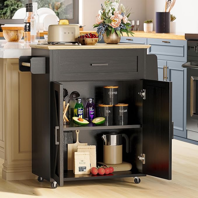 IRONCK Kitchen Island Cart with Storage, Rolling Kitchen Table with Power Outlet, Storage Cabinets on Wheels with Drop Leaf, Portable for Dining Room, Black