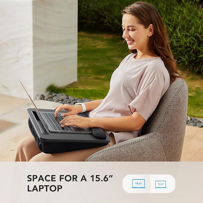 HUANUO Lap Laptop Desk - Portable Lap Desk with Pillow Cushion, Fits up to 15.6 inch Laptop, with Anti-Slip Strip & Storage Function for Home Office Students Use as Computer Stand - Black