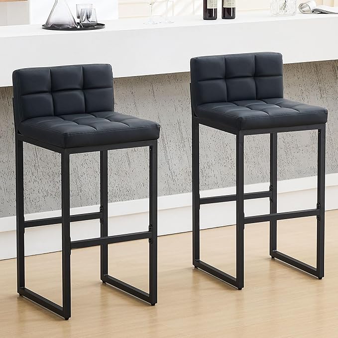 Bar Height Bar Stools Set of 2, Modern Tall Counter Stool, Faux Leather Barstools with Back, Comfortable 30-inch Seat Height Island Chairs for Kitchen Island (Black, 2Pcs 30" Bar Stools)