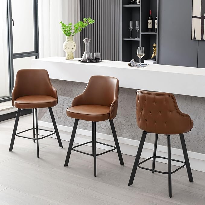 Bar Stools Set of 3, 26" Swivel Counter Height Bar Stools with High Back, Faux Leather Kitchen Barstools Counter Height for Kitchen Island (Dark Brown, 3PCS 26" Counter Stools)