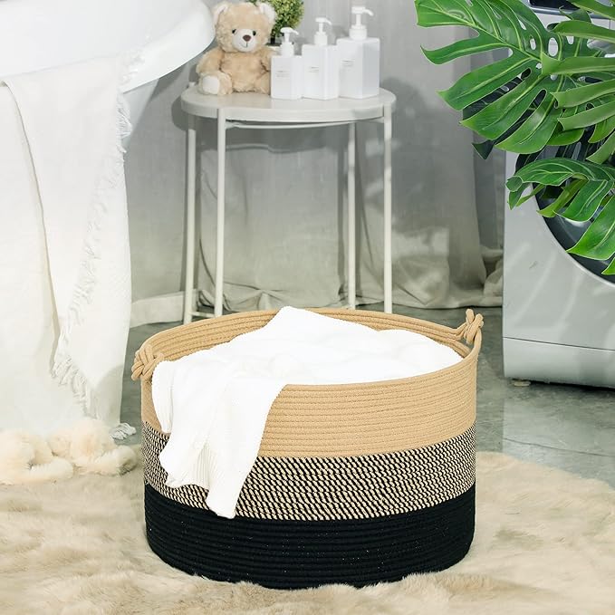 KAKAMAY Large Blanket Basket (20"x13"),Woven Rope Baskets for storage Baby Laundry Hamper, Cotton Rope Blanket Basket for Living Room, Laundry, Nursery, Pillows,Baby Toy chest (Jute/Black)