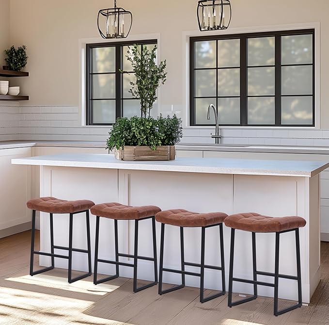 Modern Bar Stools Set of 2 for Kitchen Counter 24 inch Counter Height Backless Barstools with Upholstered Faux Leather Saddle Seat and Metal Frame Industrial Bar Chairs, Brown