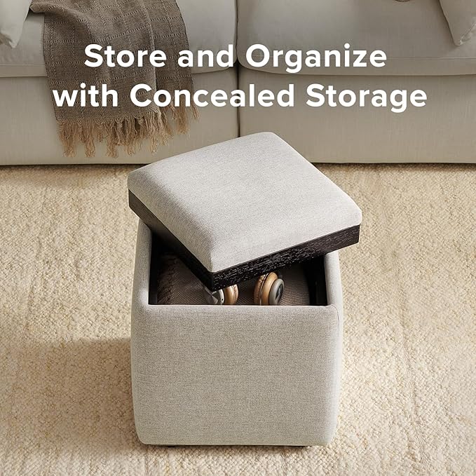 mopio Levi Storage Ottoman with Reversible Tray, Modern Square Chest Coffee Table, Upholstered Cube Sitting Foot Stools Ottoman for Living Room, Bedroom, Entryway (Fabric, Light Gray)