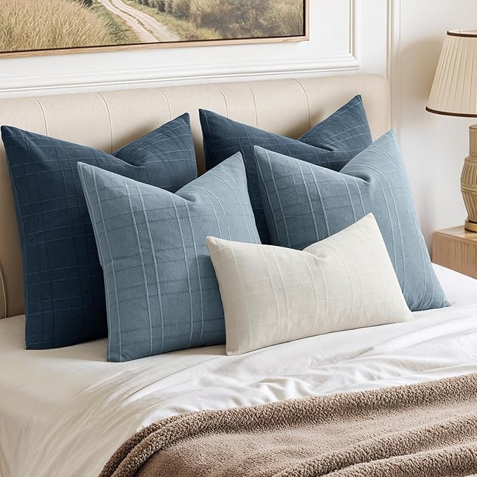 MIULEE Decorative Linen Check Throw Pillow Covers Neutral Farmhouse Vintage Pillow Covers 20x20 Set of 2 Boho Modern Home Decor for Sofa Couch Bedroom Cushion Blue Grey