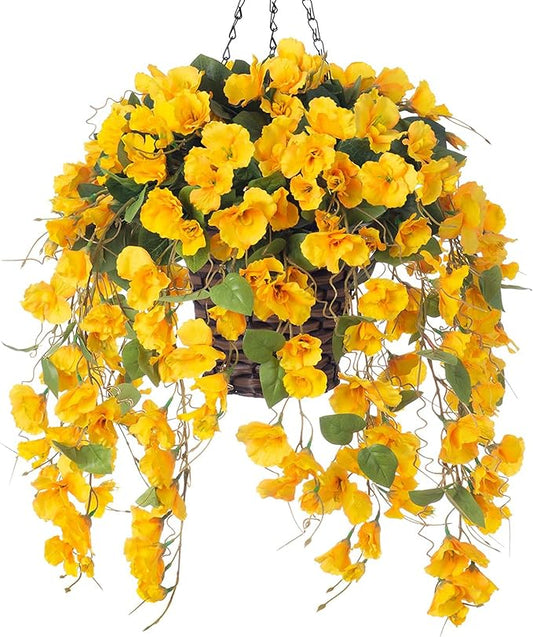Artificial Hanging Flower Baskets for Fall Decoration, Outdoor Fake Plant Faux Silk Hibiscus Long Vines in Planter UV Resistant Realistic Flowers for Outside Porch Patio Home Decor, Yellow