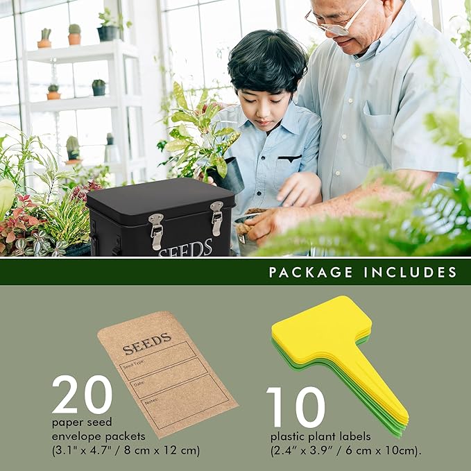 Garden Seed Storage Box with Dividers Seeds Packet Organizer Case for Gardening 3 Inner Slot Bird Plant or Vegetable Seed Container Saver Tin – Black Galvanized Metal with Envelopes & Labels