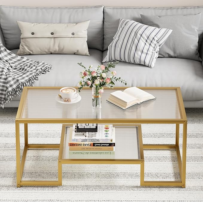 Coffee Table Gold Glass Coffee Table for Living Room,2 Tiers Rectangle Center Table with Ribbed Glass Top and Sturdy Metal Frame,Modern Glass Accent Table for Bedroom Home Office