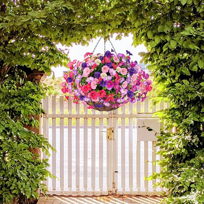 7 Color Mix Artificial Flowers for Outdoor, Fake Flowers Faux Plants for Outside Indoor, Summer Decor Morning Glory Petunia UV Resistant, for Garden Porch Window Box Home Planters (Pink Purlpe)