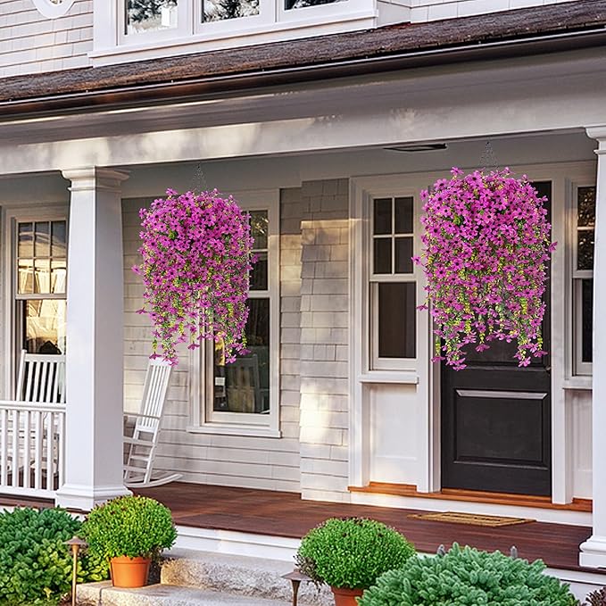 Fake Artificial Hanging Flowers for Outdoors Fake Plants Decoration, 2 Bundles Faux Silk Colorful Daisy Eucalyptus Realistic UV Resistant for Outside Home Planter Porch Patio Yard Decor(Purple)