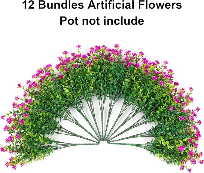Ivydale Artificial Flowers Plants for Spring Outdoors Decoration, 12 Bundles Fake Plastic Flowers UV Resistant Faux Greenery Bushes Shrubs for Home Porch Patio Garden (Fuchsia)