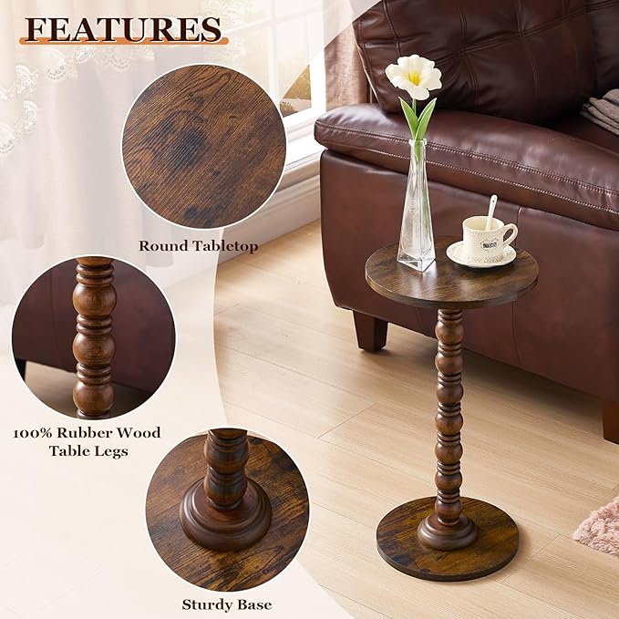Round Side Table,Stable Small Drink Table for Small Spaces, Modern Accent Side Table with Solid Rubber Wood Table Leg,Easy Assembly for Living Room, Bedroom, Sofa & Office Corners-Rustic Brown
