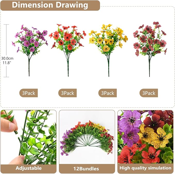 Artificial Flowers Faux Plants Outdoor Fake Flowers Spring Decor,12 Bundles Outdoor Flower Plastic Plant Colorful Daisy UV Resistant for Porch Patio Yard Garden Pot Planters