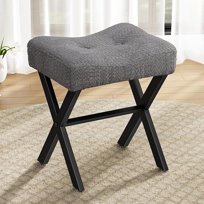 18-Inch Vanity Stool Chair, Vanity Bench with Metal X-Legs, Ottoman Accent Stool with Breathable and Soft Boucle Fabric Saddle Seat, Grey