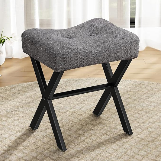 18-Inch Vanity Stool Chair, Vanity Bench with Metal X-Legs, Ottoman Accent Stool with Breathable and Soft Boucle Fabric Saddle Seat, Grey