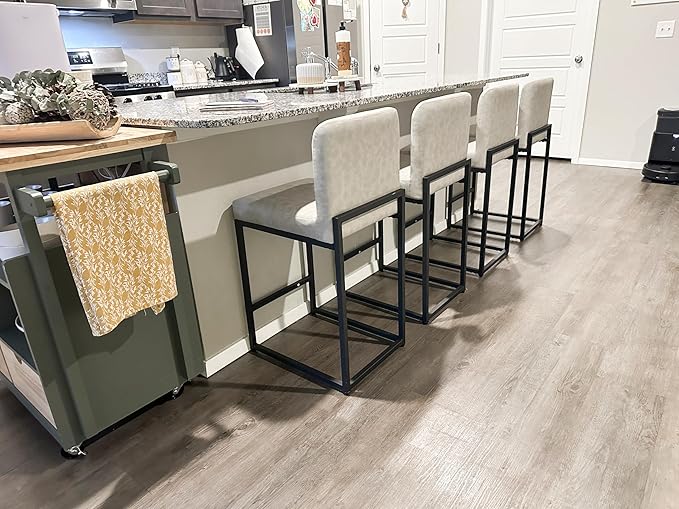 ALPHA HOME 24” Bar Stools Set of 1 Counter Height Bar Stool Pu Leather Kitchen Modern Bar Stools with Backrest Upholstered Footrest Sturdy Chromed Metal Steel Frame, Light Gray