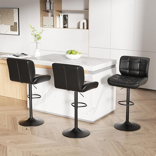 Modern Bar Stools Set of 3, Faux Leather Upholstered Swivel Bar Stools, Adjustable Counter Height Bar Chairs with High Back and Footrest for Kitchen Island (Black)