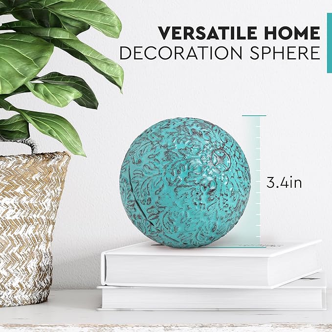 Everydecor Metal Decorative Sphere for Home Decor - Decorative Balls for Shelves, Centerpiece Bowls, Bookshelf - Decoration Orbs Accents for Living Room, Bedroom - Vintage Blue Shelf Spheres