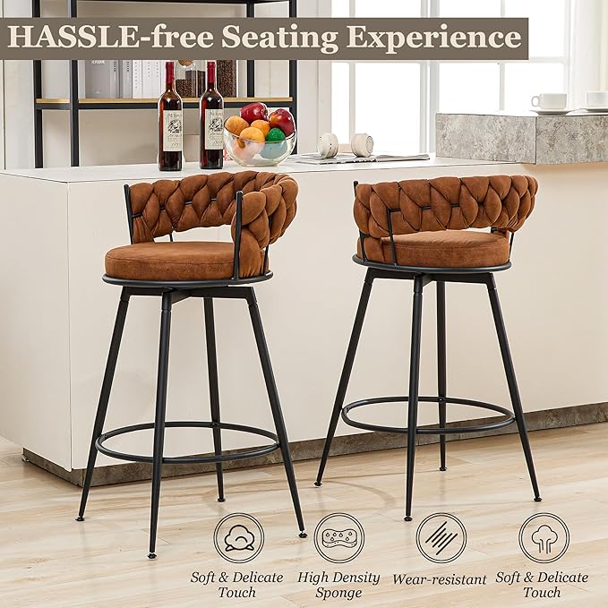 Brown Bar Stools Set of 3, 28 Inch Barstool with Metal Legs, 360° Swivel Counter Height Bar Stools with Woven Back Leather Upholstered, Modern Chair for Kitchen Island, Cafe