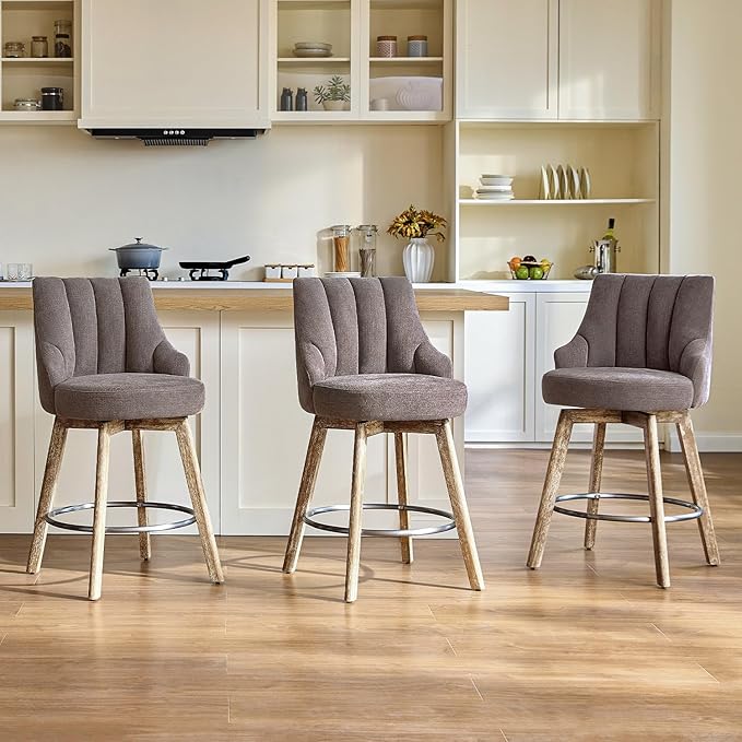 IWOOD Counter Height Bar Stools,Swivel Bar Stools with Backs,Barstools Set of 3,26'' Solid Wood Legs,Thick Seat Upholstered Linen Fabric Counter Height Stools in Grey