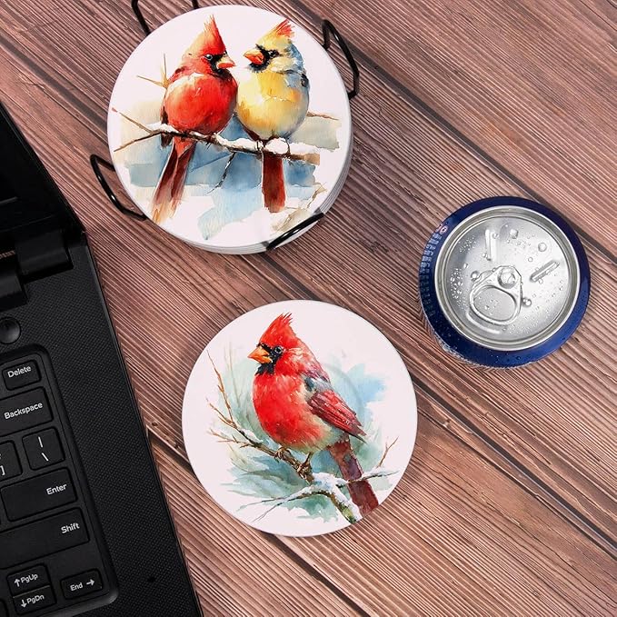 Winter Cardinal Drink Absorbent Coasters with Holder Set of 6, Ceramic Stone with Cork Base, Watercolor Bird Design Coaster for Drinks, Gift for Housewarming Room Bar Home Decor Kitchen