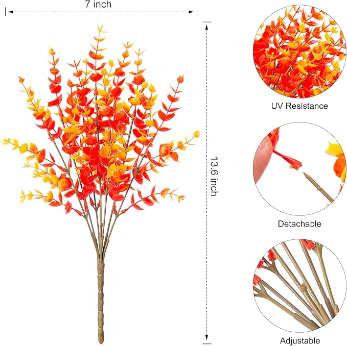 Artificial Fall Flowers Faux Mums for Outdoor Indoor Garden Home Decoration, Faux Flower Daisy with Eucalyptus Leaves Fake Plants Greenery Boxwood Porch Patio, 12 Bundles (Orange Eucalyptus)