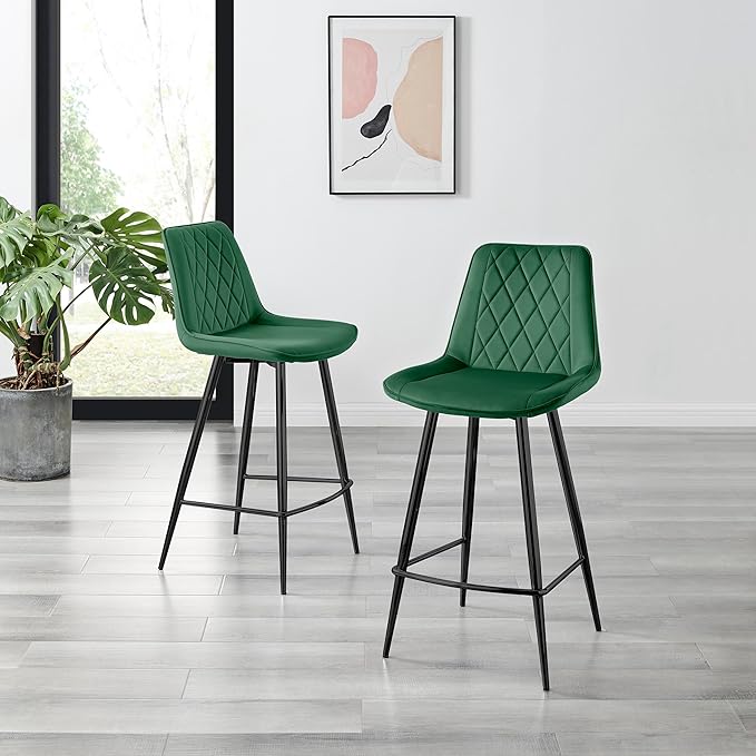 Bar Stool Chair - Pesaro Green Velvet Upholstered Dining Chair Black Metal Legs - Modern Style Diamond Quilted Stitching to Back - Contemporary Dining Kitchen Furniture
