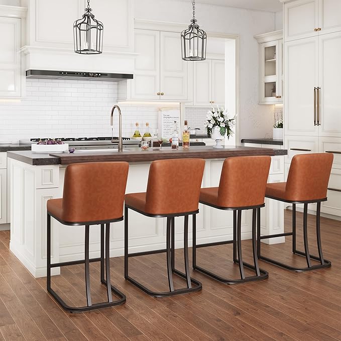 PHI VILLA Brown Bar Stools Set of 4, Faux Leather Counter Height Chairs, Kitchen Stools for Island, 24 Inch Barstools with Back