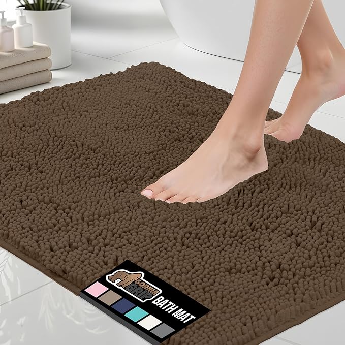 GORILLA GRIP Bath Rug Mat 44x26, Thick Soft Absorbent Chenille, Quick Dry Microfiber Mats, Rubber Backing Washable Shower Floor Rugs, Bathmat Runner, US Designed Bathroom Home Decor Accessories Brown