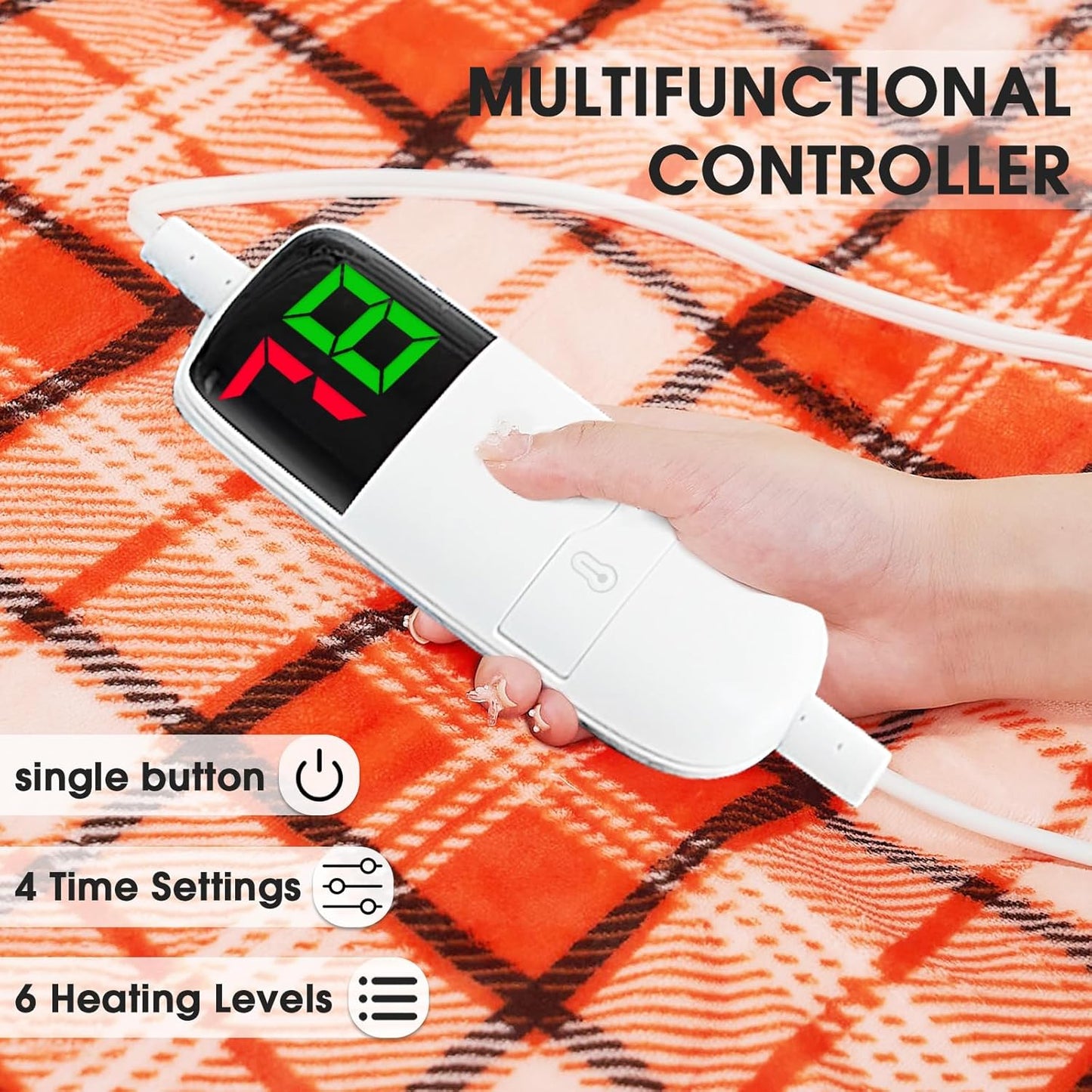 Heated Electric Blanket Queen Size, 84X90 Heating Blanket Queen with Dual Control&10 Heats Levels&Timer for Bed,Orange Plaid Sherpa Blankets Warmer Gift for Grandma Women Halloween Home Decor, ETL