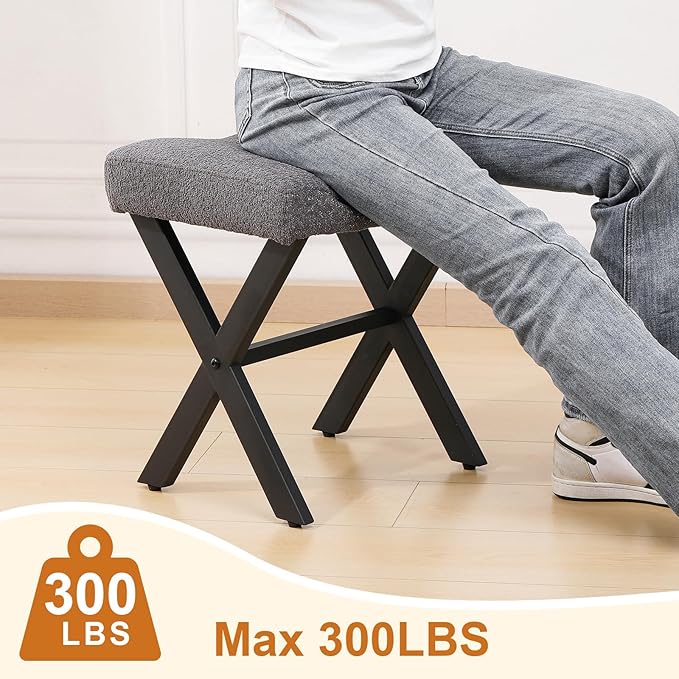 18-Inch Vanity Stool Chair, Vanity Bench with Metal X-Legs, Ottoman Accent Stool with Breathable and Soft Boucle Fabric Saddle Seat, Grey