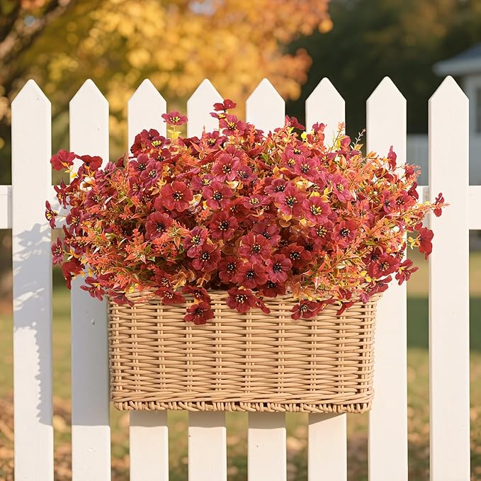 SHareconn 48 Bundles Artificial Fall Flowers for Outdoors Decoration, UV Resistant Silk Eucalyptus Lavender Faux Autumn Fake Plants for Outside Indoor Garden Yard Porch Home Decor, Orange Brown