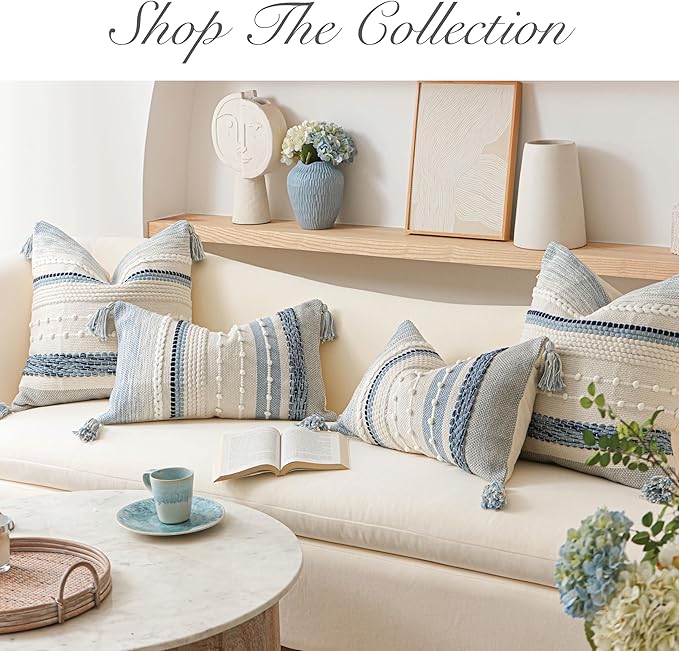 BlissBlush Coastal Blue Decorative Lumbar Pillow Cover 14x36 Boho Long Body Pillow for Bed Farmhouse Lumbar Throw Pillow for Couch Modern Accent Textured Throw Pillowcase