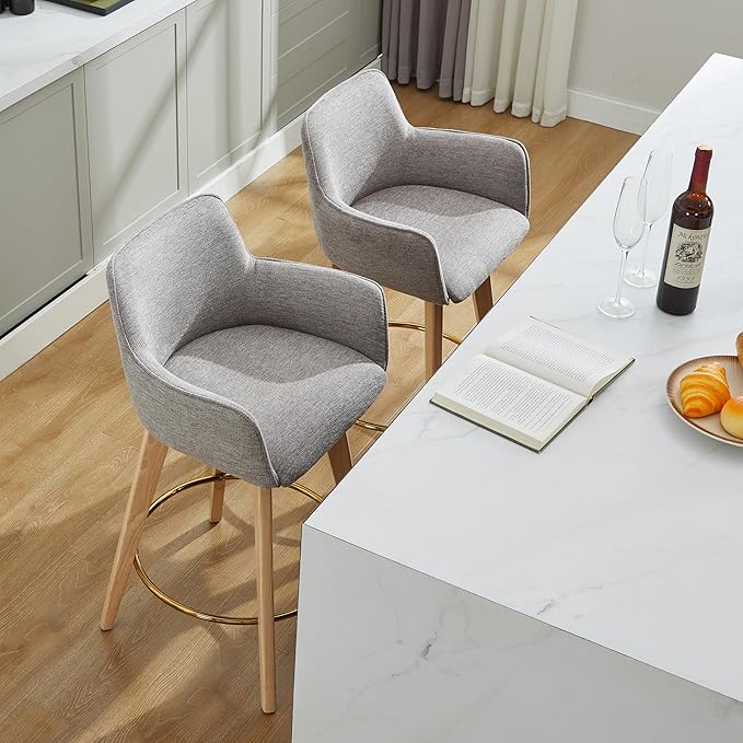 Counter Height Swivel Counter Stools, Linen Upholstered Bar Stools with Back, Arms, Solid Wooden Legs, 26 Inch Chairs for Kitchen Island, Home Pub, Bar, 1 Pcs, Grey