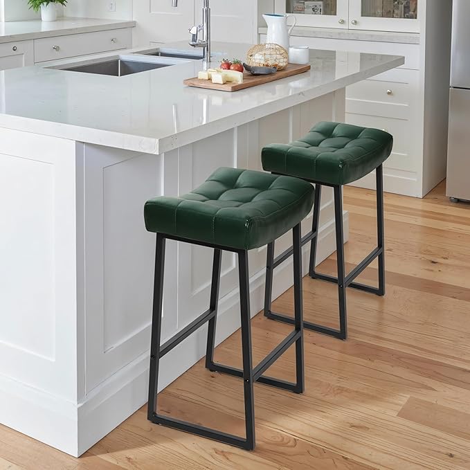 Modern Bar Stools Set of 2 for Kitchen Counter 24 inch Counter Height Backless Barstools with Upholstered Faux Leather Saddle Seat and Metal Frame Industrial Bar Chairs, Dark Green