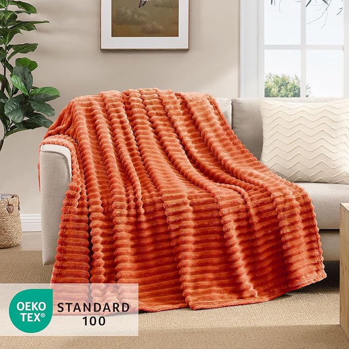 Geniospin Fleece Throw Blanket, Flannel Extra Soft Lightweight Blanket with Strip, Plush Fuzzy Cozy Blankets and Throws for Couch, Bed, Warm and Breathable(Terracotta, 60"x80")
