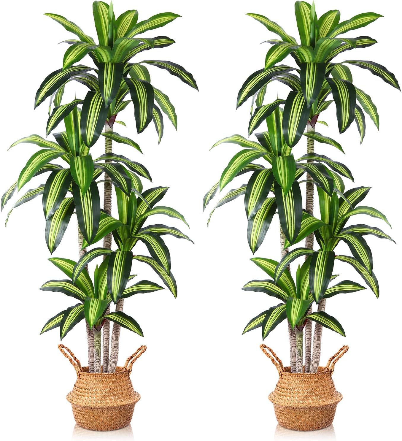 Artificial Plants, 6 Ft Dracaena Tree Faux Plants Indoor Outdoor Decor Fake Tree with Woven Seagrass Basket Plants for Home Decor Office Living Room Porch Patio Housewarming 2 Pack