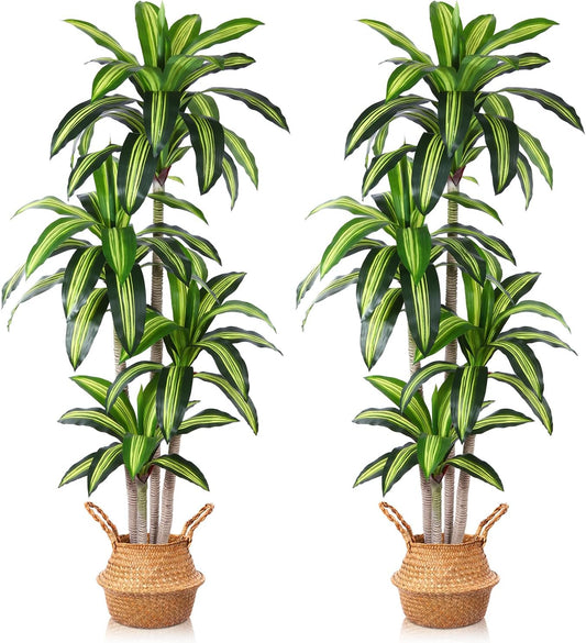 Artificial Plants, 6 Ft Dracaena Tree Faux Plants Indoor Outdoor Decor Fake Tree with Woven Seagrass Basket Plants for Home Decor Office Living Room Porch Patio Housewarming 2 Pack