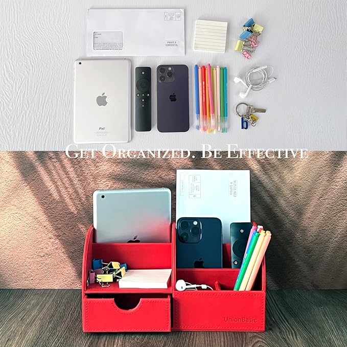 UnionBasic Desk Organizer - Multifunctional Leather Desktop Pen Holder Storage Box - Business Card/Pen/Pencil/Mobile Phone/Stationery Holder, Red