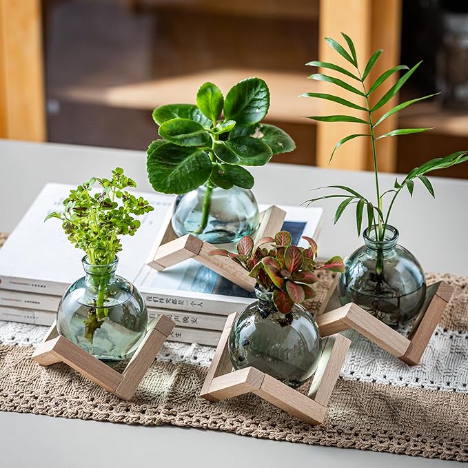 Plant Propagation Station, Plant Terrarium with Wooden Stand for Hydroponic Plant Propagation, Propagation Vases for Plants, Green Glass Bulb Vases for Home Office Decor (1)