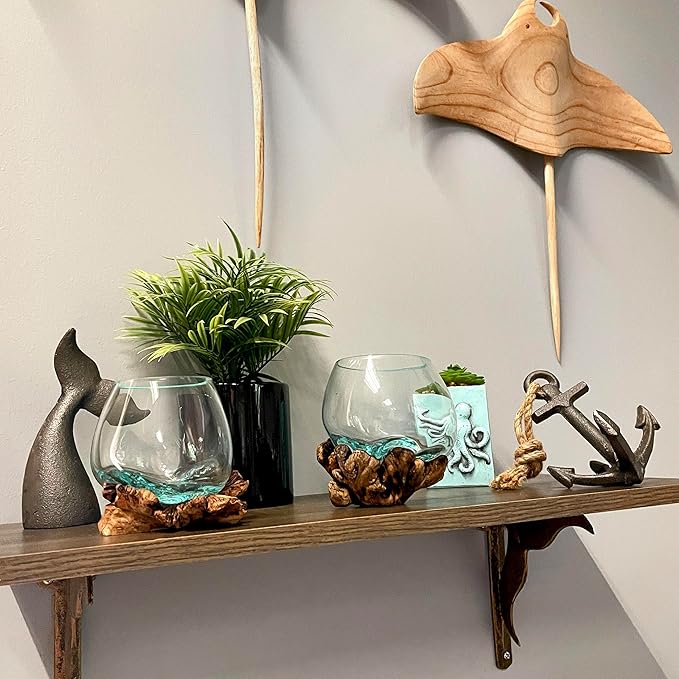 Melted Glass on Burl Wood Decorative Bowl, Vase, and Terrarium Planter - Approximately 5 Inches High - Nature-Inspired Artistry for Home and Garden