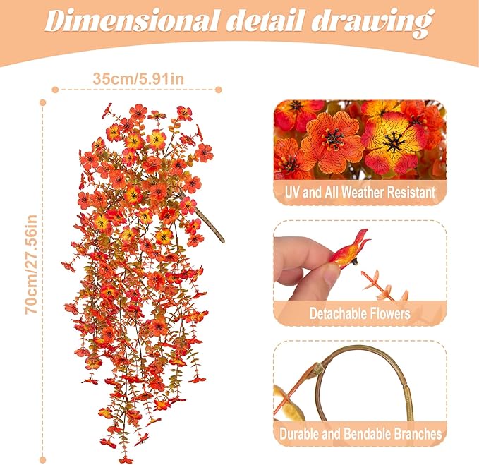 Fake Mums Artificial Fall Hanging Flowers for Outdoors Decoration 2 PCS Faux Mums for Outdoor Planters Fake Plants Look Real Daisy Flower No Fade Autumn Decor for Porch Home Patio Balcony and Yard